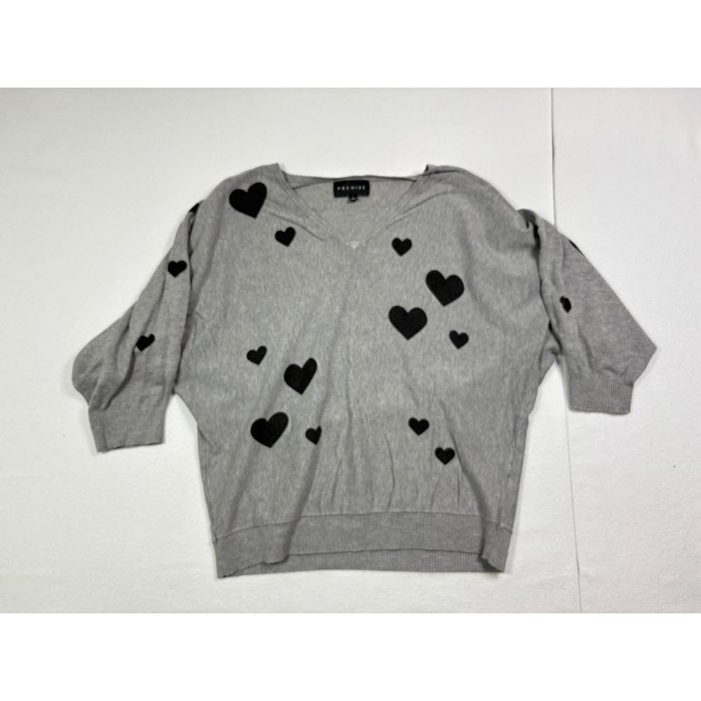 Premise Womens Gray Black Heart Print V-Neck Batwing Sleeve Knit Sweater Large